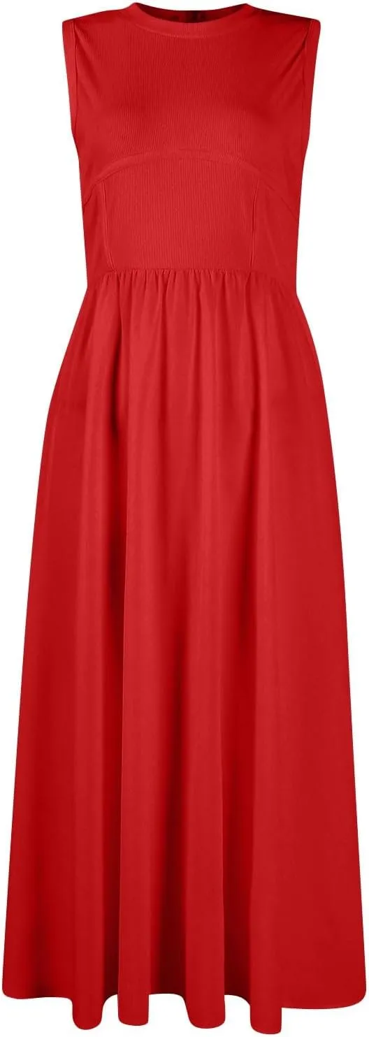 Womens Sundress Tank Summer Midi Dresses Empire Waist Wrap Dress Plus Size Sleeveless Cute Smocked Dress with Pockets