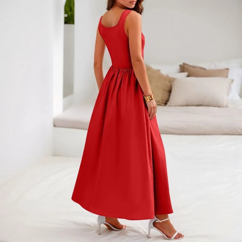 Womens Sundress Tank Summer Midi Dresses Empire Waist Wrap Dress Plus Size Sleeveless Cute Smocked Dress with Pockets