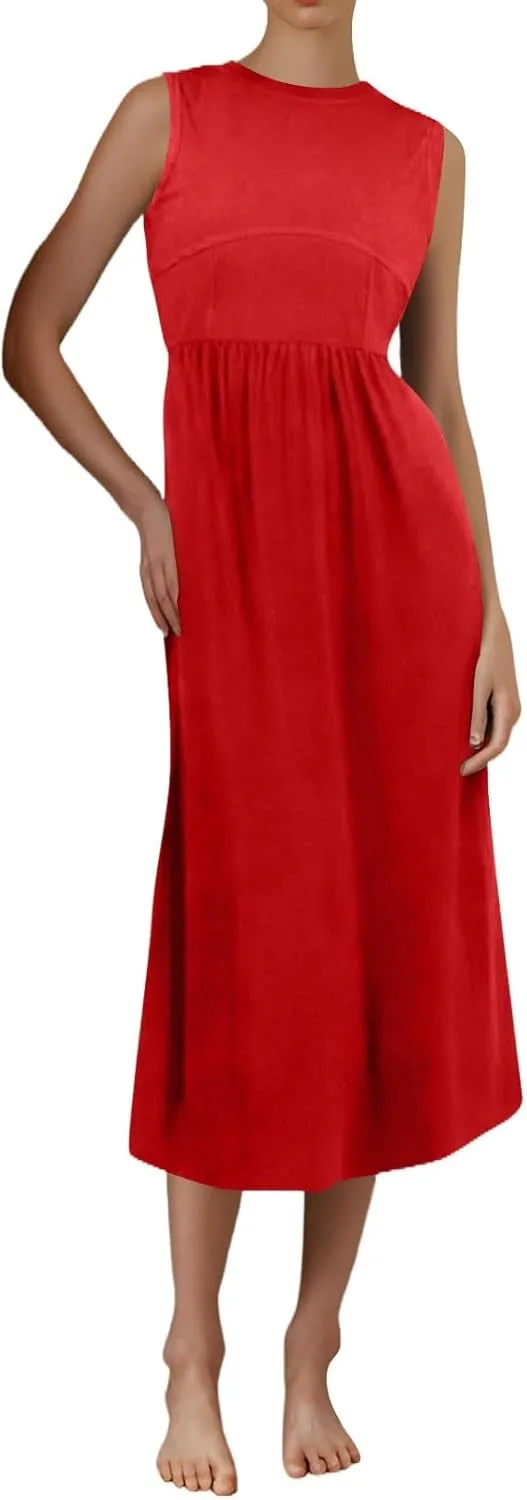 Womens Sundress Tank Summer Midi Dresses Empire Waist Wrap Dress Plus Size Sleeveless Cute Smocked Dress with Pockets