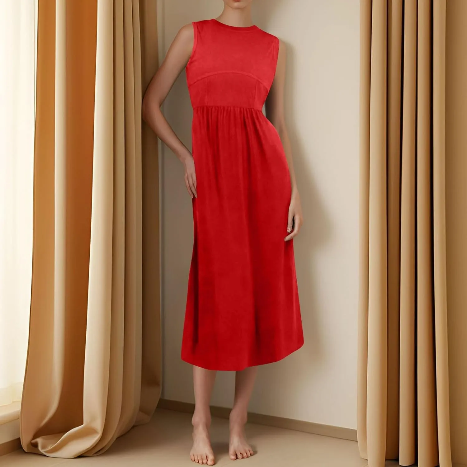 Womens Sundress Tank Summer Midi Dresses Empire Waist Wrap Dress Plus Size Sleeveless Cute Smocked Dress with Pockets