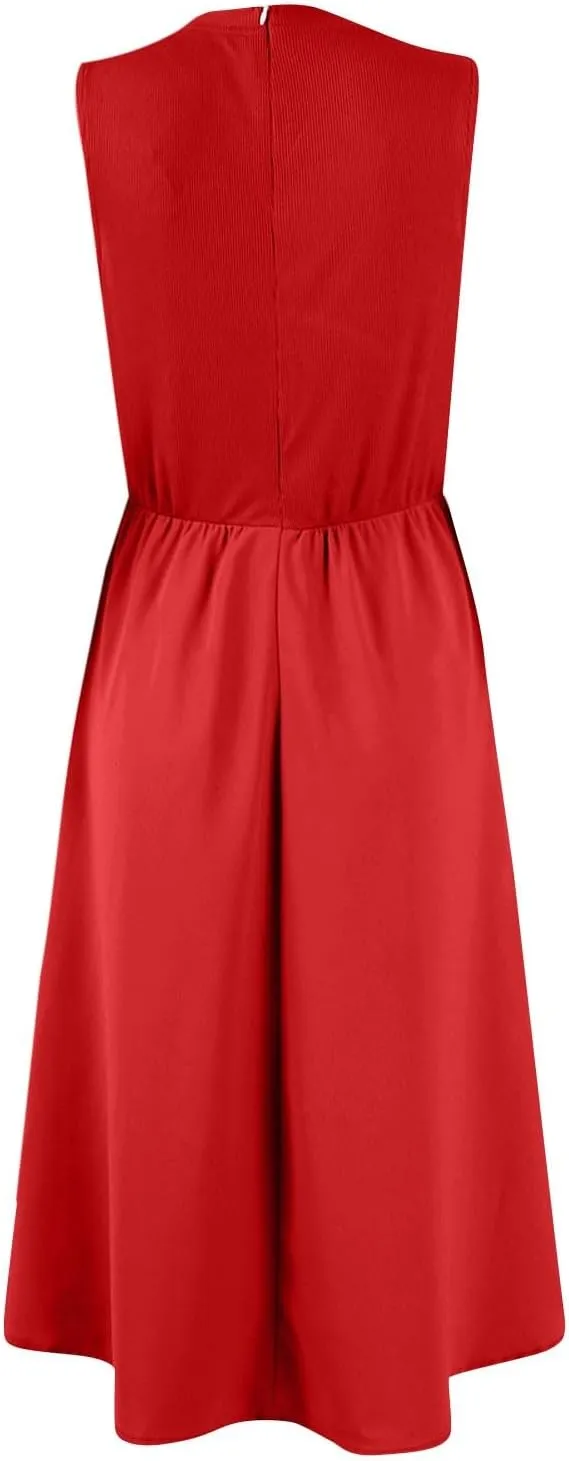 Womens Sundress Tank Summer Midi Dresses Empire Waist Wrap Dress Plus Size Sleeveless Cute Smocked Dress with Pockets