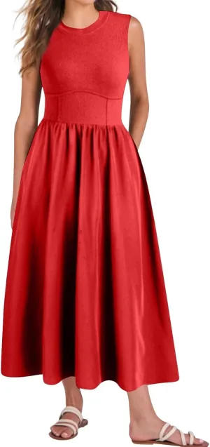 Womens Sundress Tank Summer Midi Dresses Empire Waist Wrap Dress Plus Size Sleeveless Cute Smocked Dress with Pockets