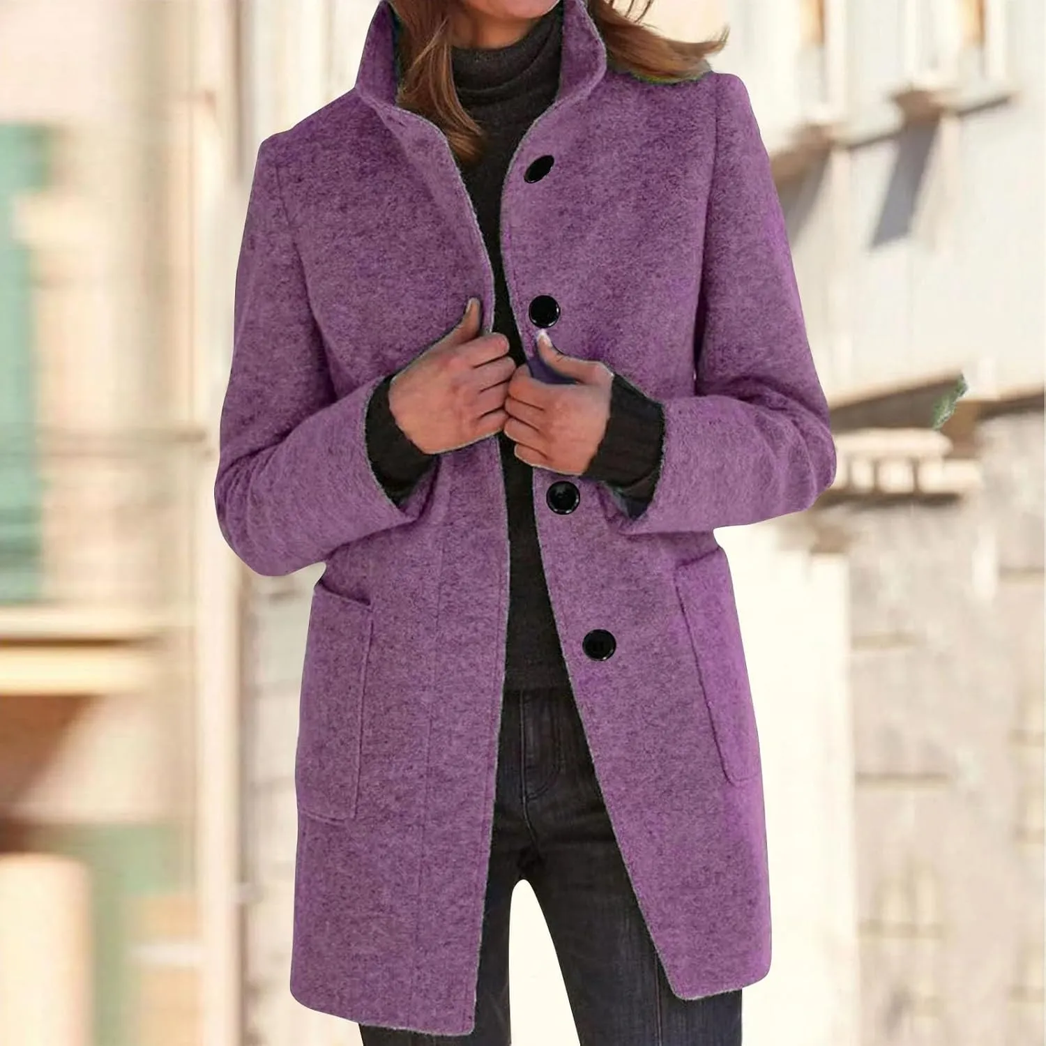 Womens Trench Coat Classic Solid Color Wool Blend Overcoats Winter Single Breasted Business Casual Outerwear