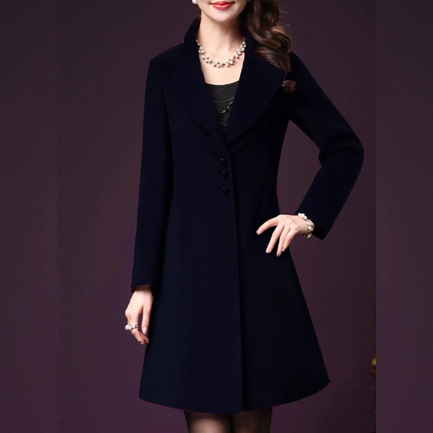 Womens Trench Coat Double Breasted Mid Long Pea Coat Notch Lapel Open Front Wool Blend Overcoat Winter Outwear