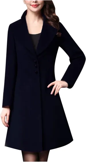 Womens Trench Coat Double Breasted Mid Long Pea Coat Notch Lapel Open Front Wool Blend Overcoat Winter Outwear