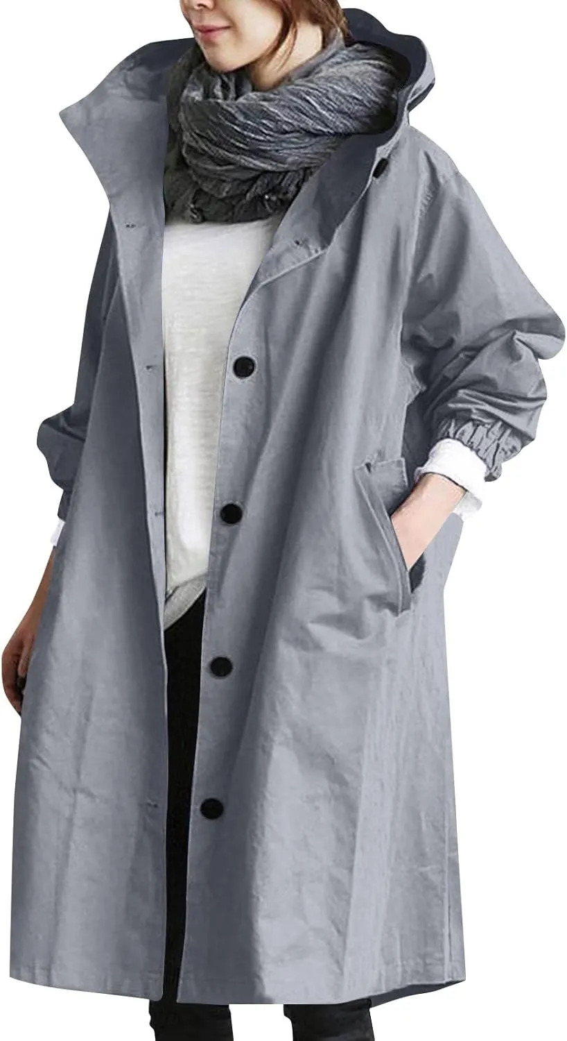 Womens Trench Coat Lightweight Hooded Waterproof Rain Jacket Outdoor Button Down Oversized Windbreaker Outwear