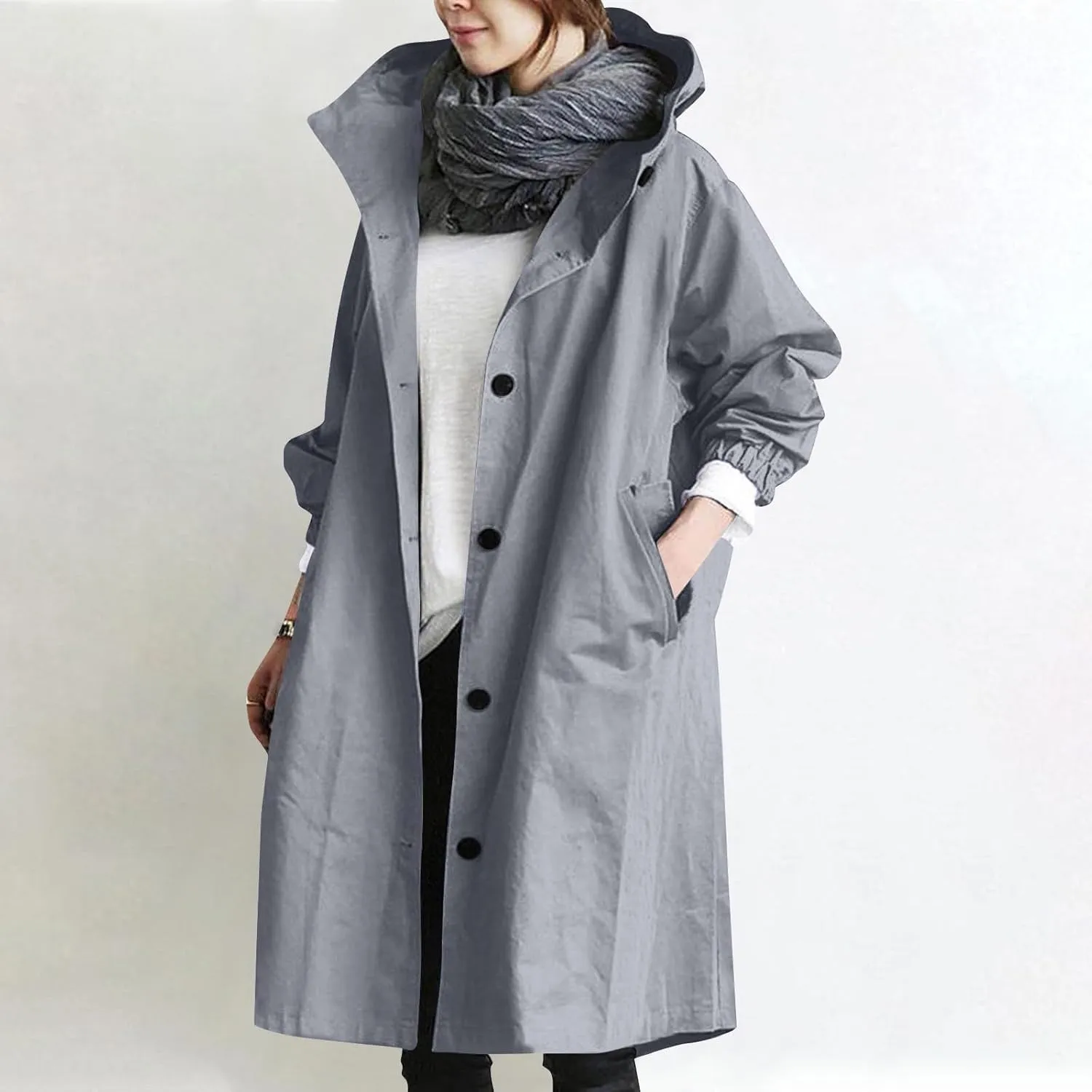 Womens Trench Coat Lightweight Hooded Waterproof Rain Jacket Outdoor Button Down Oversized Windbreaker Outwear