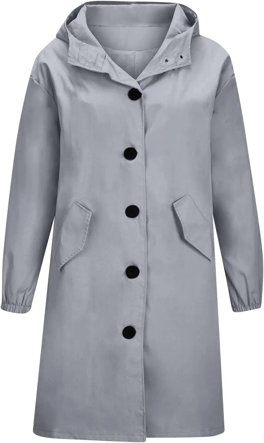 Womens Trench Coat Lightweight Hooded Waterproof Rain Jacket Outdoor Button Down Oversized Windbreaker Outwear