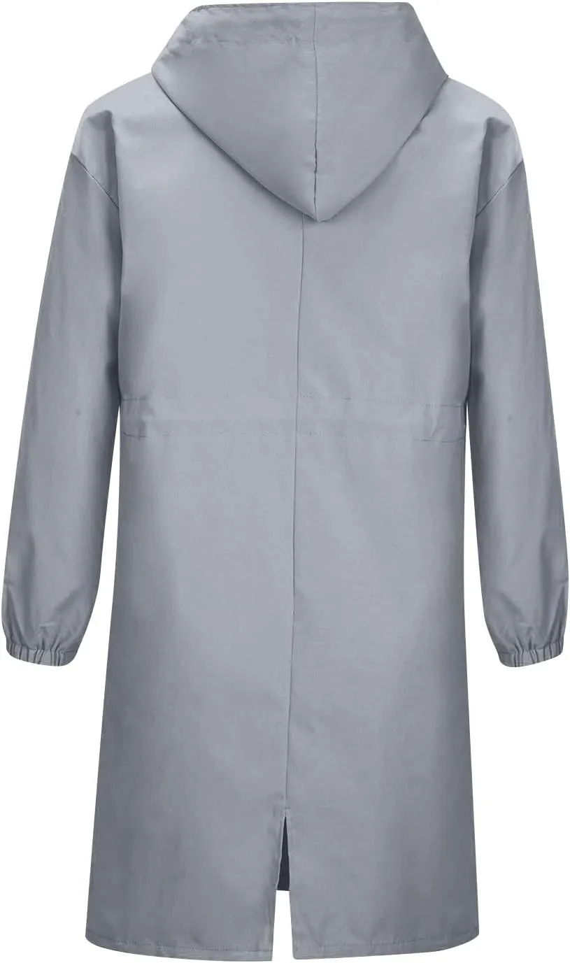 Womens Trench Coat Lightweight Hooded Waterproof Rain Jacket Outdoor Button Down Oversized Windbreaker Outwear