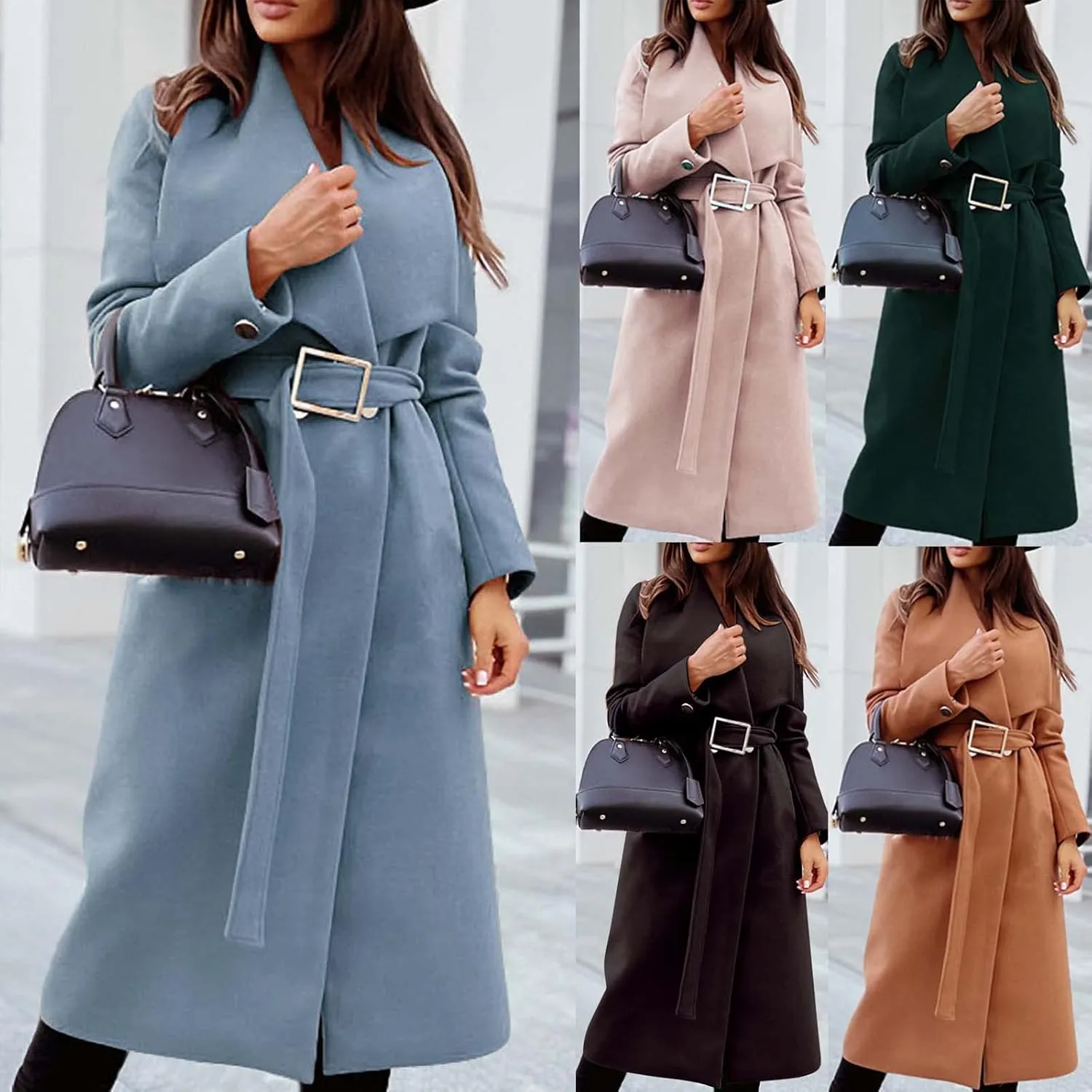 Womens Trench Coat Winter Wool Blend Pea Coat Casual Notched Lapel Collar Overcoat Belted Long Jacket Outerwear