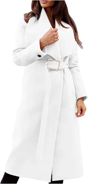 Womens Trench Coat Winter Wool Blend Pea Coat Casual Notched Lapel Collar Overcoat Belted Long Jacket Outerwear