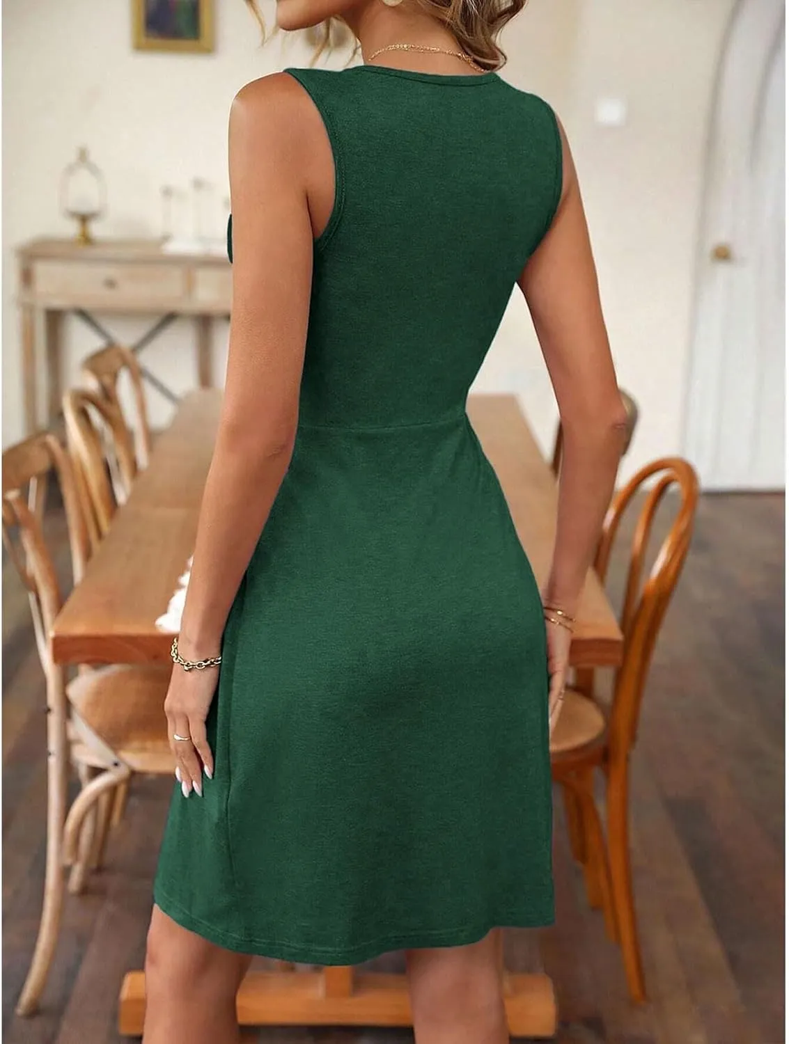 Women's Twist Front V Neck Tank A Line Dress Ruffle Summer Elegant Sleeveless Club Party Tunic Bodycon Mini Sundress