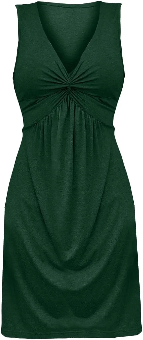 Women's Twist Front V Neck Tank A Line Dress Ruffle Summer Elegant Sleeveless Club Party Tunic Bodycon Mini Sundress
