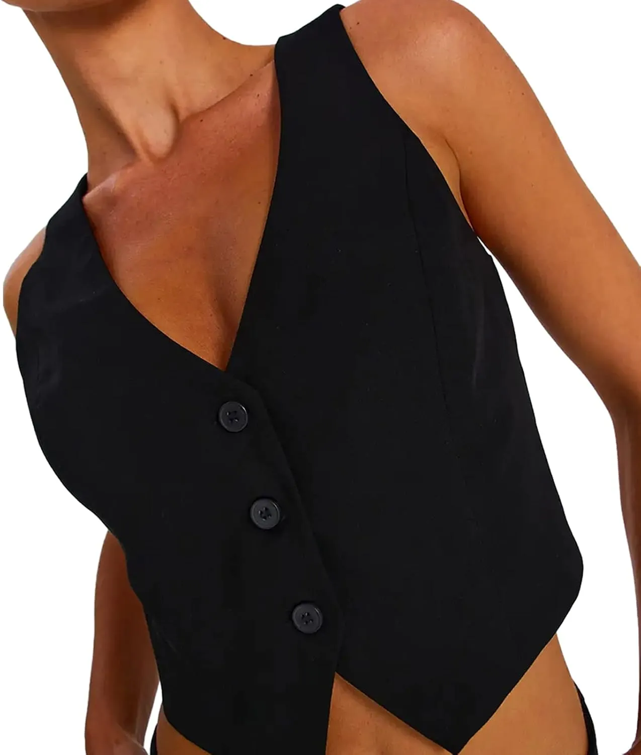 Women's V Neck Button Down Crop Vest Top Business Sleeveless Waistcoat Vintage Grunge Suit Vest Y2K Streetwear