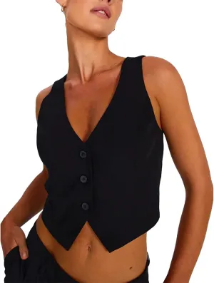 Women's V Neck Button Down Crop Vest Top Business Sleeveless Waistcoat Vintage Grunge Suit Vest Y2K Streetwear