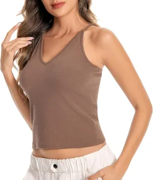 Womens V-Neck Ribbed Tank Tops Adjustable Spaghetti Strap Crop Tanks Fitted Camisole Basic Layering Shirts