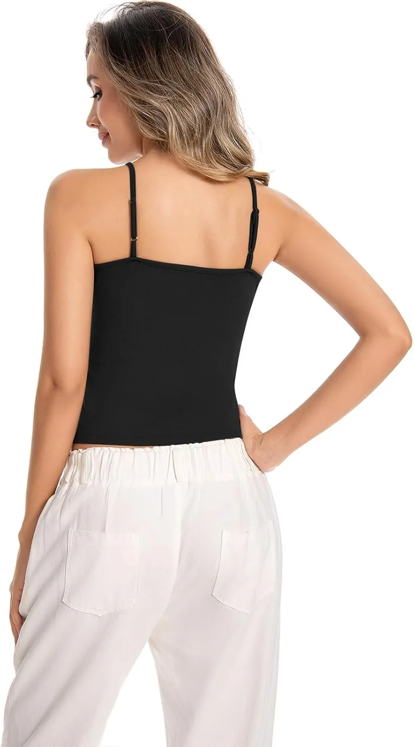 Womens V-Neck Ribbed Tank Tops Adjustable Spaghetti Strap Crop Tanks Fitted Camisole Basic Layering Shirts