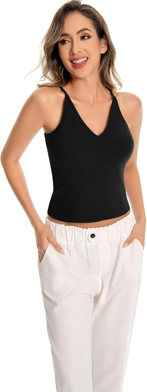 Womens V-Neck Ribbed Tank Tops Adjustable Spaghetti Strap Crop Tanks Fitted Camisole Basic Layering Shirts