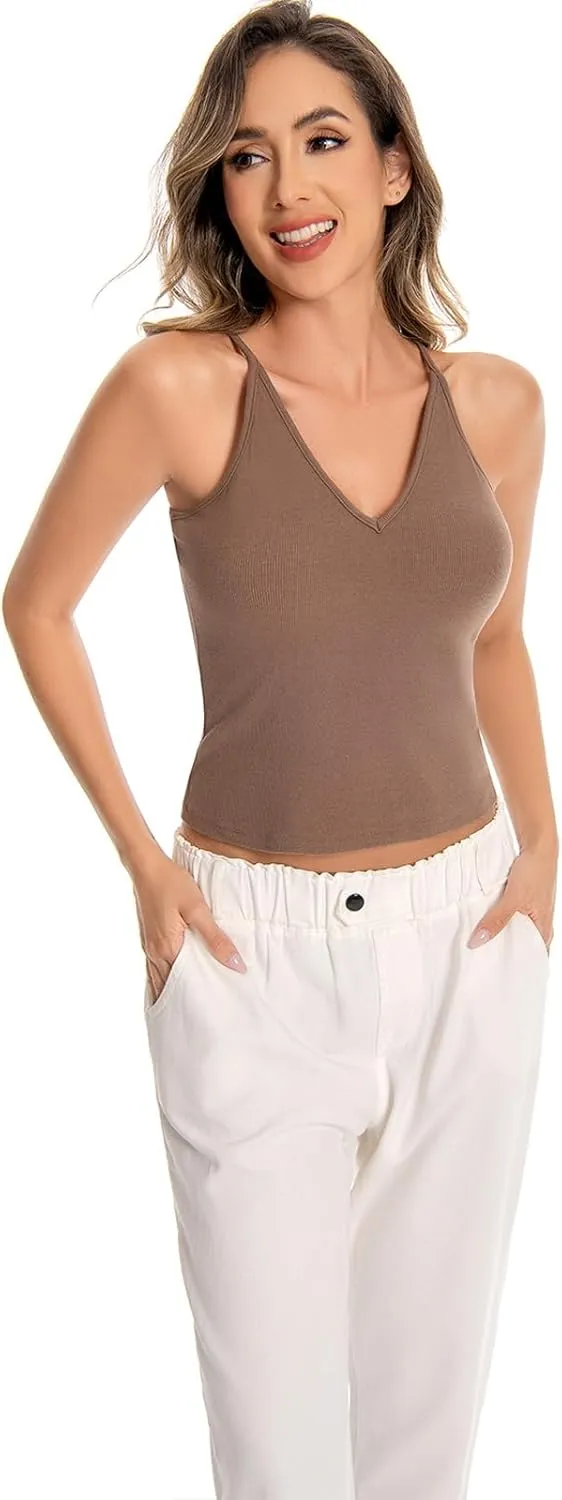 Womens V-Neck Ribbed Tank Tops Adjustable Spaghetti Strap Crop Tanks Fitted Camisole Basic Layering Shirts