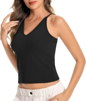 Womens V-Neck Ribbed Tank Tops Adjustable Spaghetti Strap Crop Tanks Fitted Camisole Basic Layering Shirts