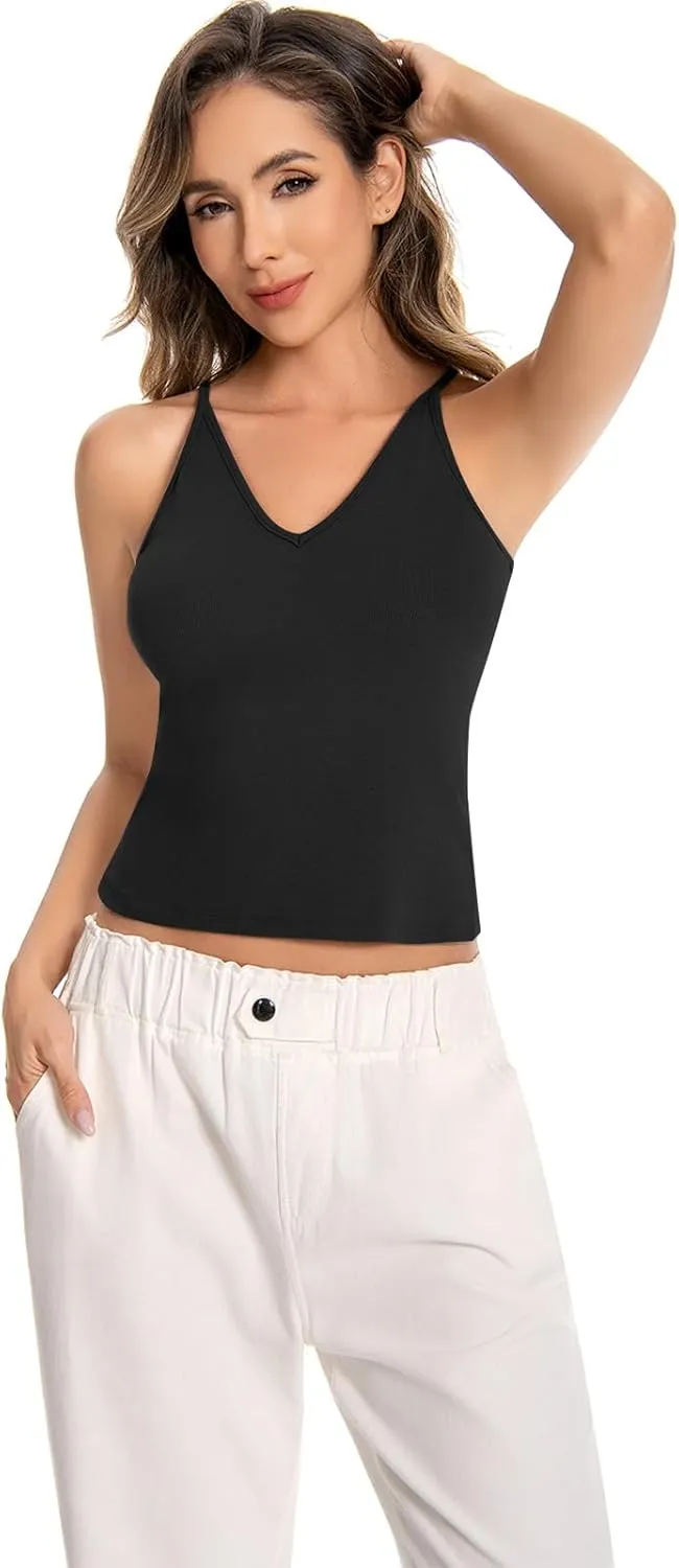 Womens V-Neck Ribbed Tank Tops Adjustable Spaghetti Strap Crop Tanks Fitted Camisole Basic Layering Shirts