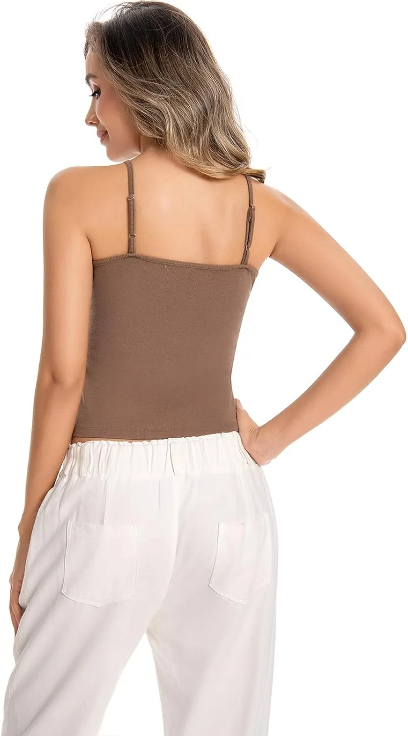 Womens V-Neck Ribbed Tank Tops Adjustable Spaghetti Strap Crop Tanks Fitted Camisole Basic Layering Shirts