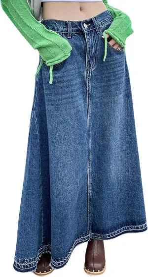 Women's Vintage A Line Low Waist Long Skirt Denim Vintage Maxi Skirt with Pockets Blue Casual
