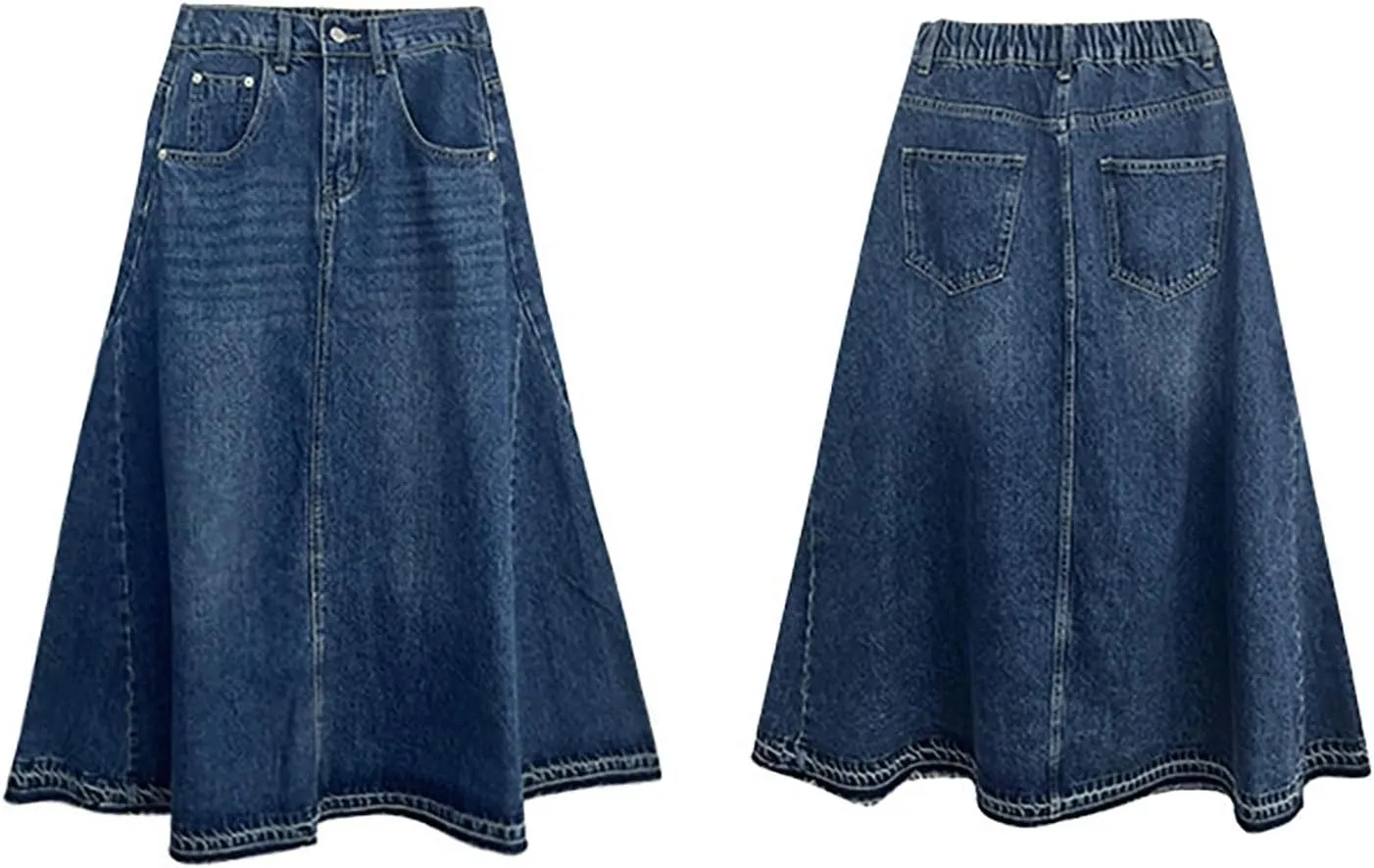Women's Vintage A Line Low Waist Long Skirt Denim Vintage Maxi Skirt with Pockets Blue Casual