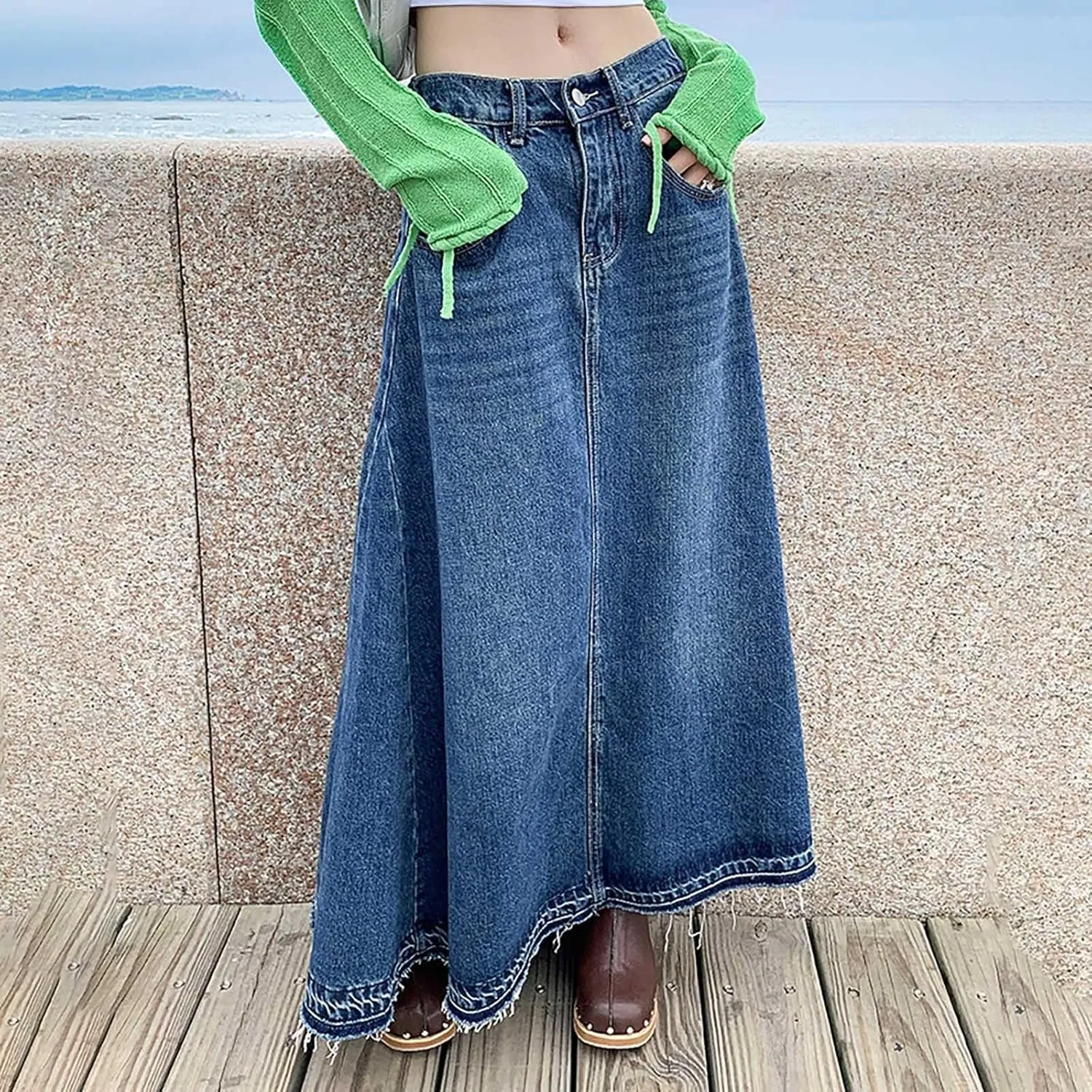 Women's Vintage A Line Low Waist Long Skirt Denim Vintage Maxi Skirt with Pockets Blue Casual