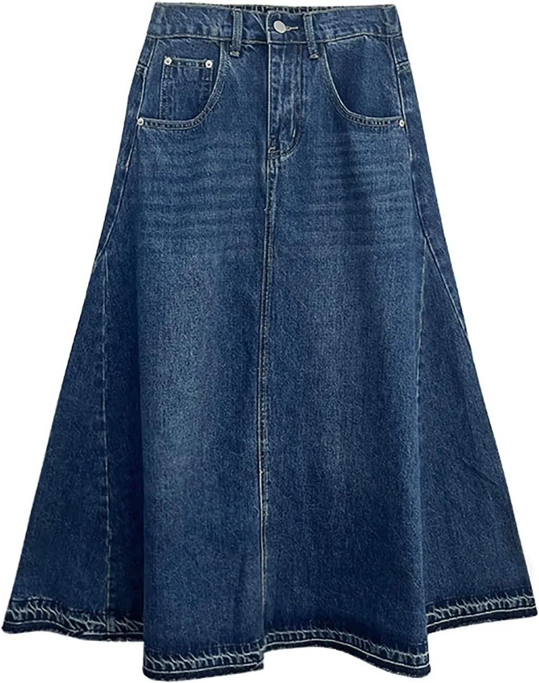 Women's Vintage A Line Low Waist Long Skirt Denim Vintage Maxi Skirt with Pockets Blue Casual