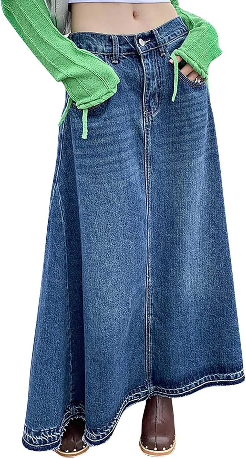 Women's Vintage A Line Low Waist Long Skirt Denim Vintage Maxi Skirt with Pockets Blue Casual
