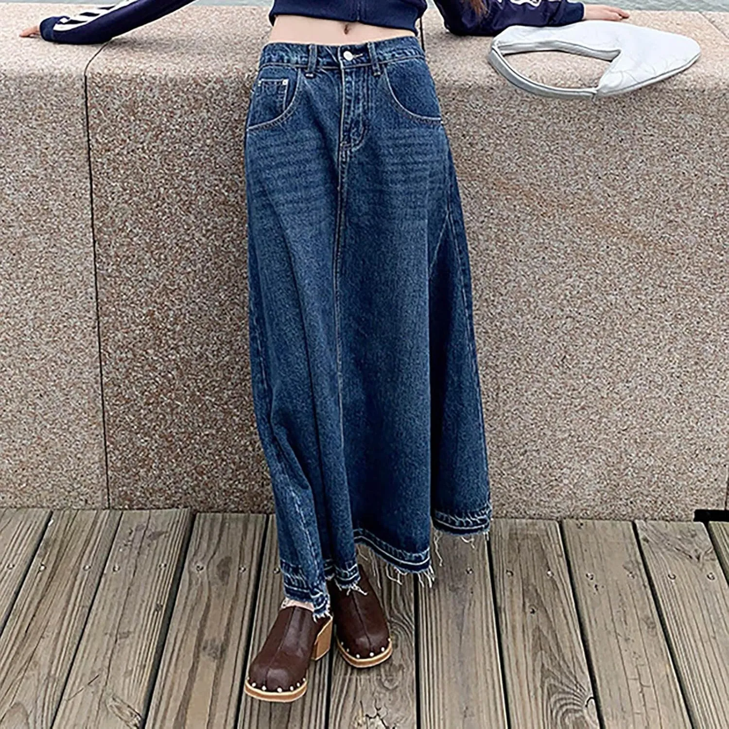 Women's Vintage A Line Low Waist Long Skirt Denim Vintage Maxi Skirt with Pockets Blue Casual