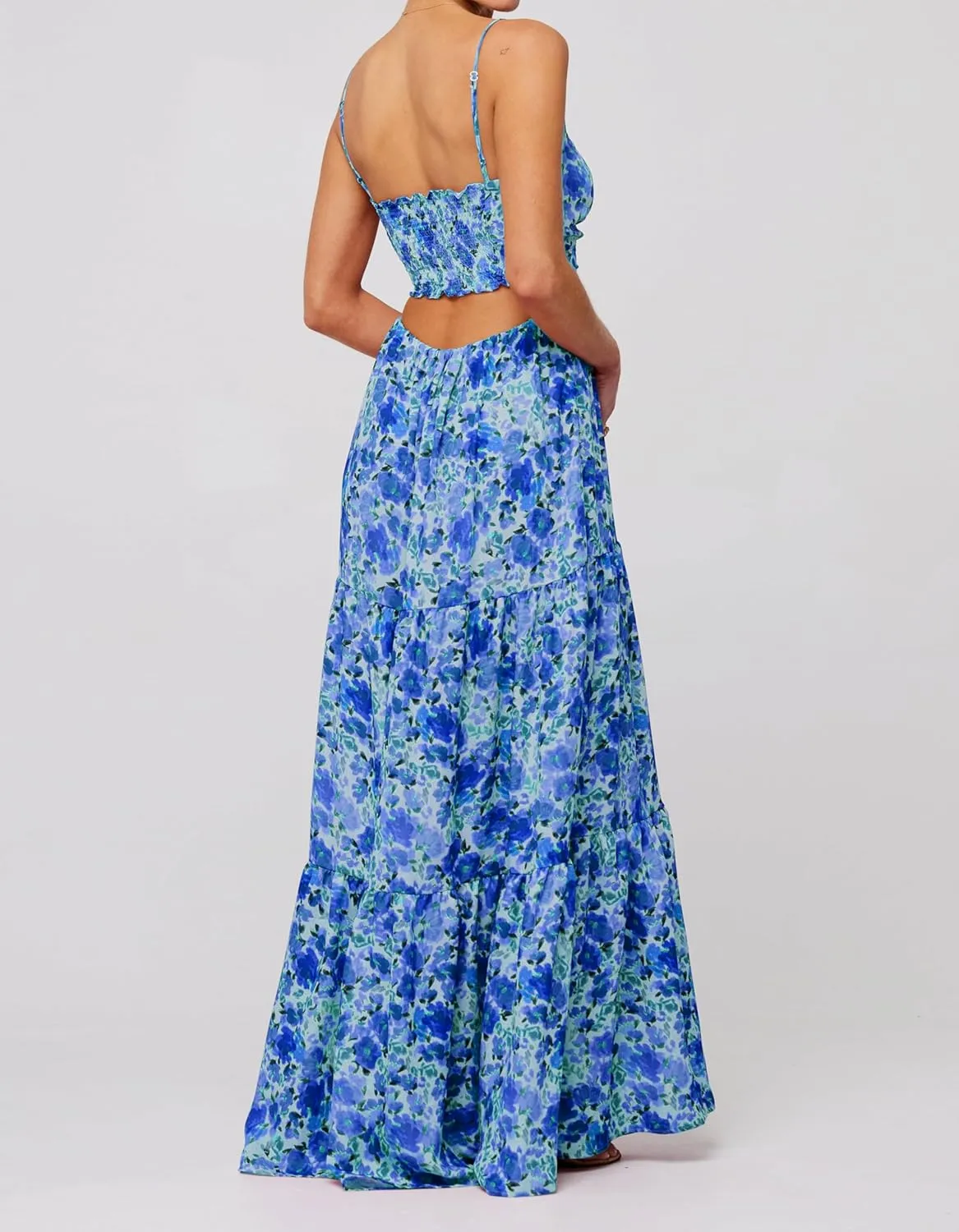 Womens Vintage Floral Long Dress Y2k Spaghetti Strap Tie Back Hollow Out Maxi Dress Summer Beach Party Sundress