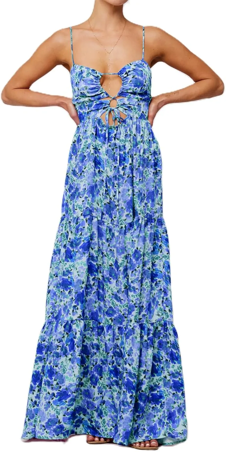 Womens Vintage Floral Long Dress Y2k Spaghetti Strap Tie Back Hollow Out Maxi Dress Summer Beach Party Sundress