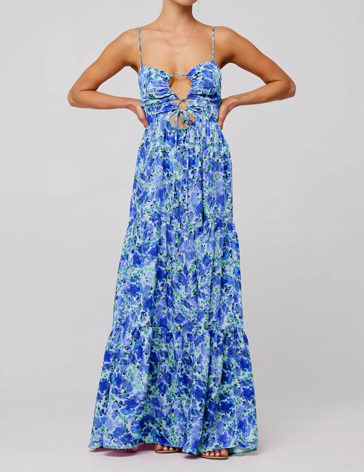 Womens Vintage Floral Long Dress Y2k Spaghetti Strap Tie Back Hollow Out Maxi Dress Summer Beach Party Sundress