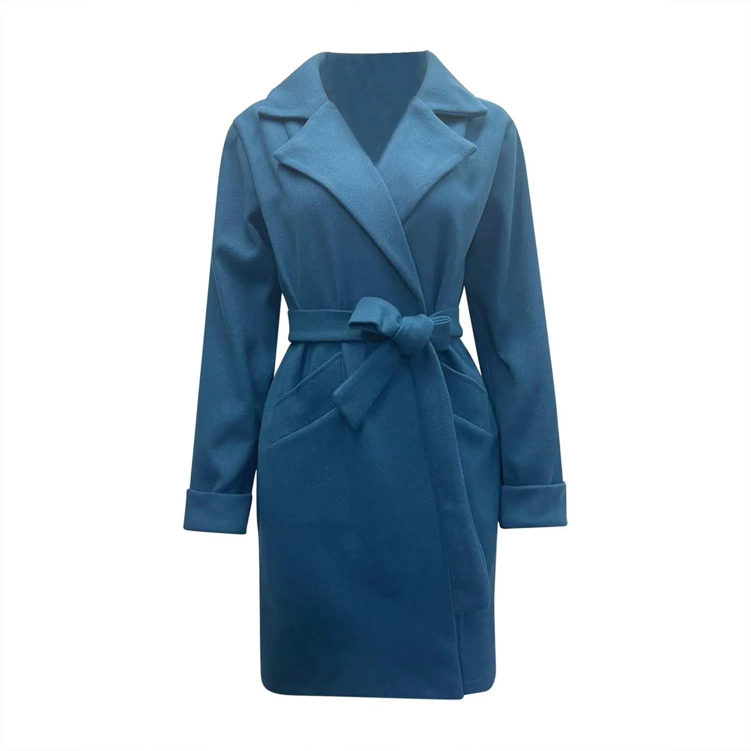 Womens Winter Pea Coat Notch Lapel Collar Long Sleeve Wool Coats Open Front Belted Owk Office Trench Coat Jacket