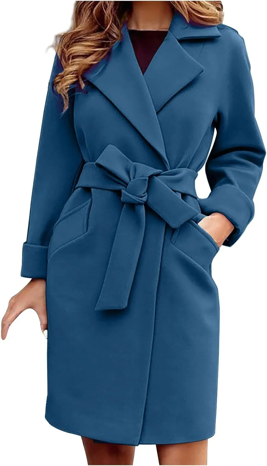 Womens Winter Pea Coat Notch Lapel Collar Long Sleeve Wool Coats Open Front Belted Owk Office Trench Coat Jacket