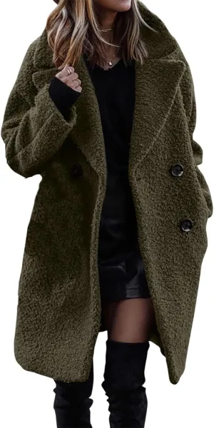 Womens Winter Wool Coat Casual Notch Lapel Double Breasted Pea Coat Mid Long Trench Coat Jackets