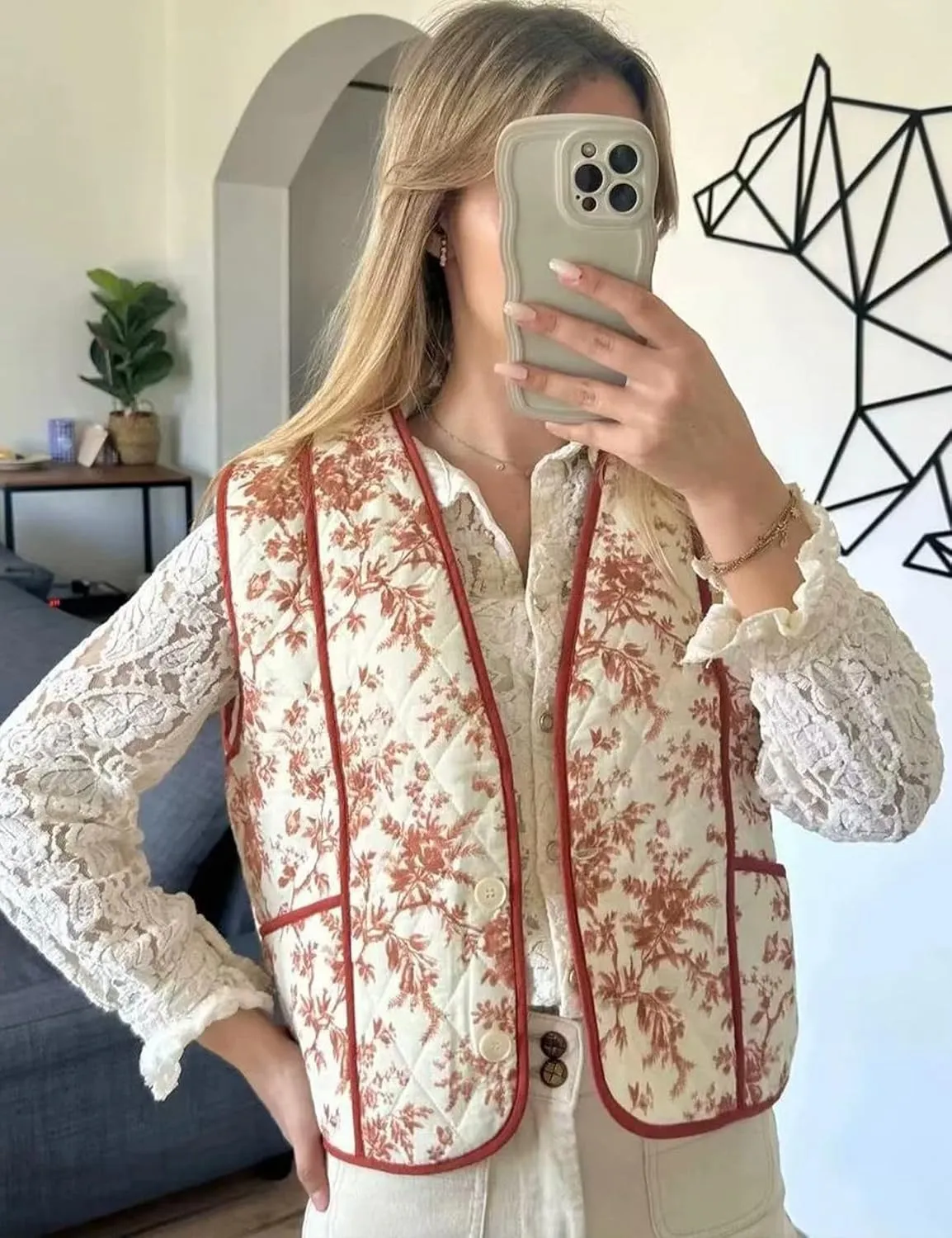 Women's Women's Floral Quilted Puffer Vest Lightweight Sleeveless Open Front Cropped Padded Outwear Vest