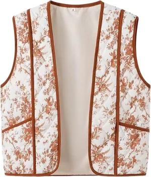 Women's Women's Floral Quilted Puffer Vest Lightweight Sleeveless Open Front Cropped Padded Outwear Vest