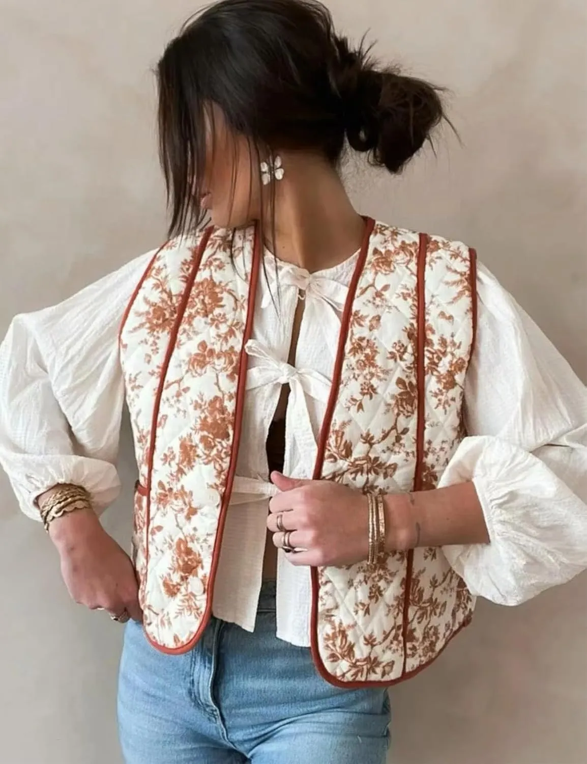 Women's Women's Floral Quilted Puffer Vest Lightweight Sleeveless Open Front Cropped Padded Outwear Vest