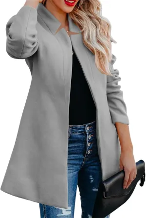 Womens Wool Blend Coats Open Front Stand Collar Cardigan Casual Mid-Long Pea Trench Coat