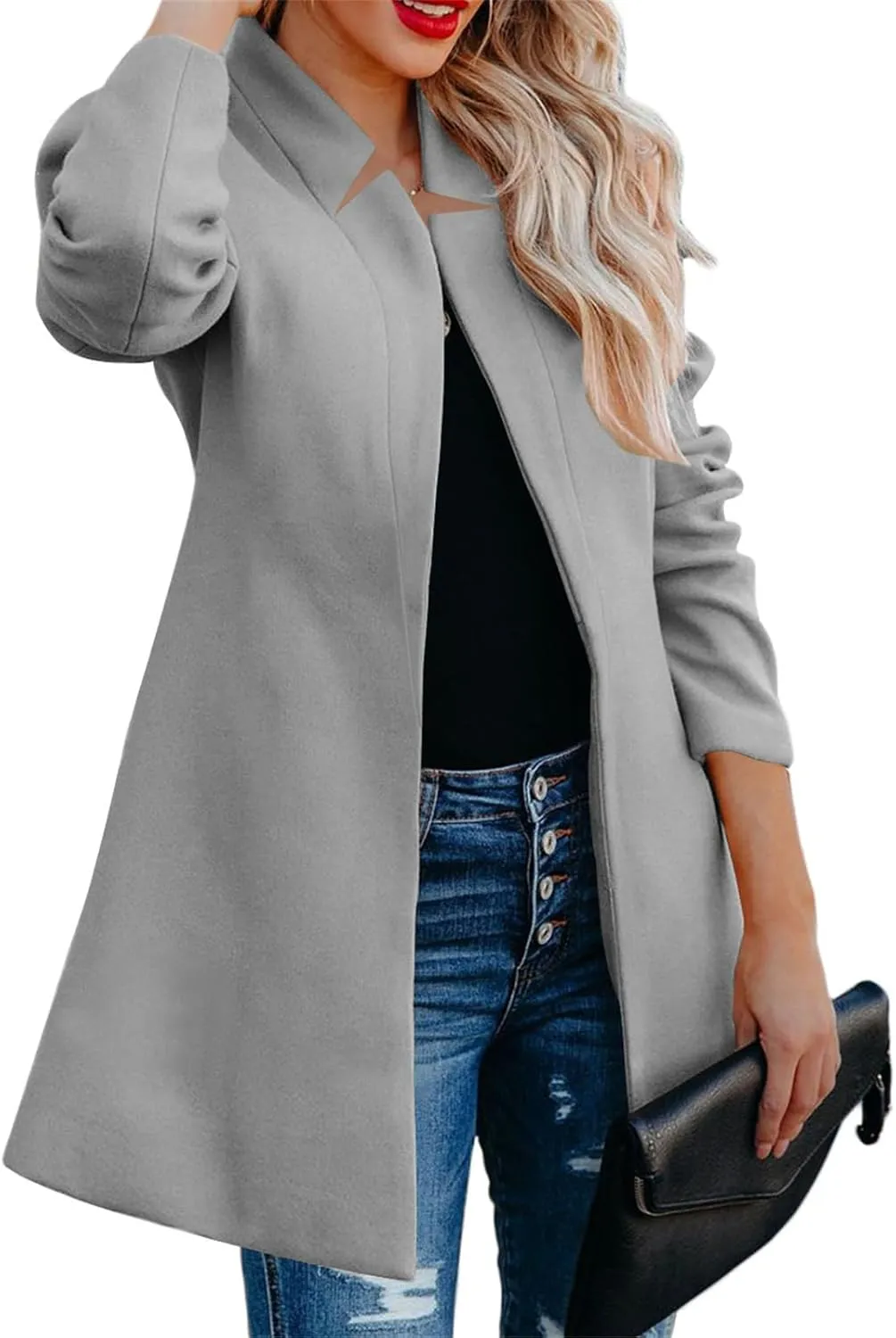 Womens Wool Blend Coats Open Front Stand Collar Cardigan Casual Mid-Long Pea Trench Coat