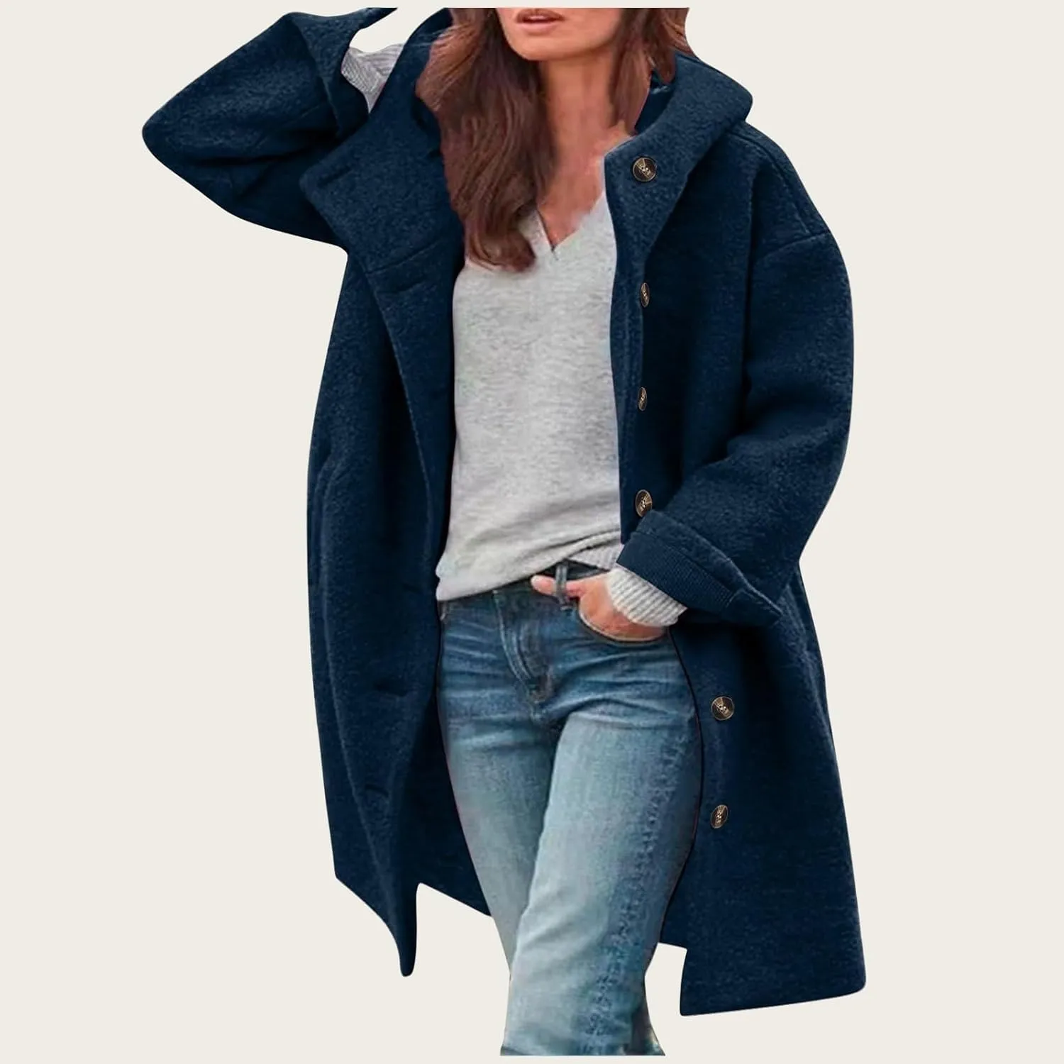 Womens Wool Blend Pea Coat with Hood Casual Botton Down Jacket Loose Fit Trench Coat Jacket