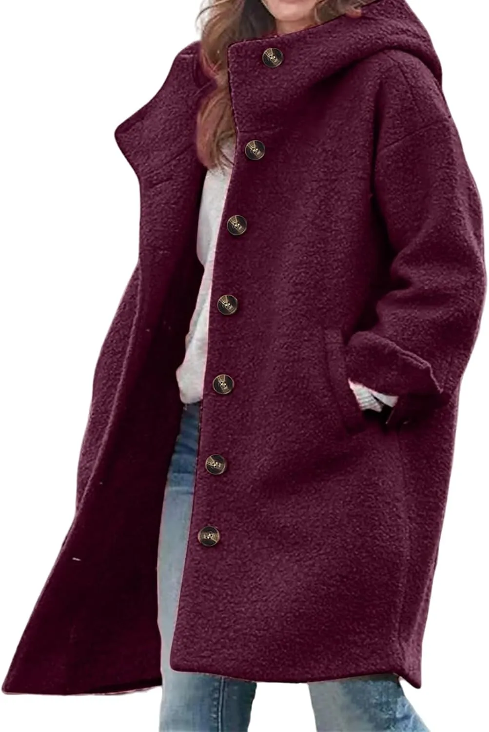 Womens Wool Blend Pea Coat with Hood Casual Botton Down Jacket Loose Fit Trench Coat Jacket
