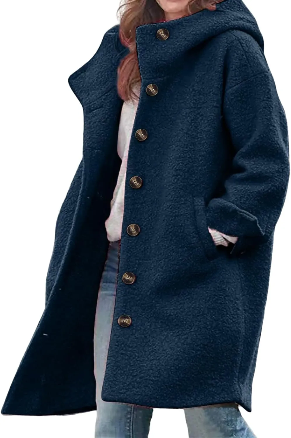 Womens Wool Blend Pea Coat with Hood Casual Botton Down Jacket Loose Fit Trench Coat Jacket