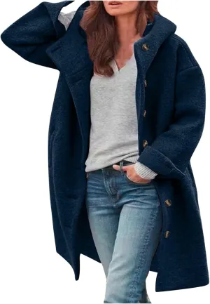 Womens Wool Blend Pea Coat with Hood Casual Botton Down Jacket Loose Fit Trench Coat Jacket