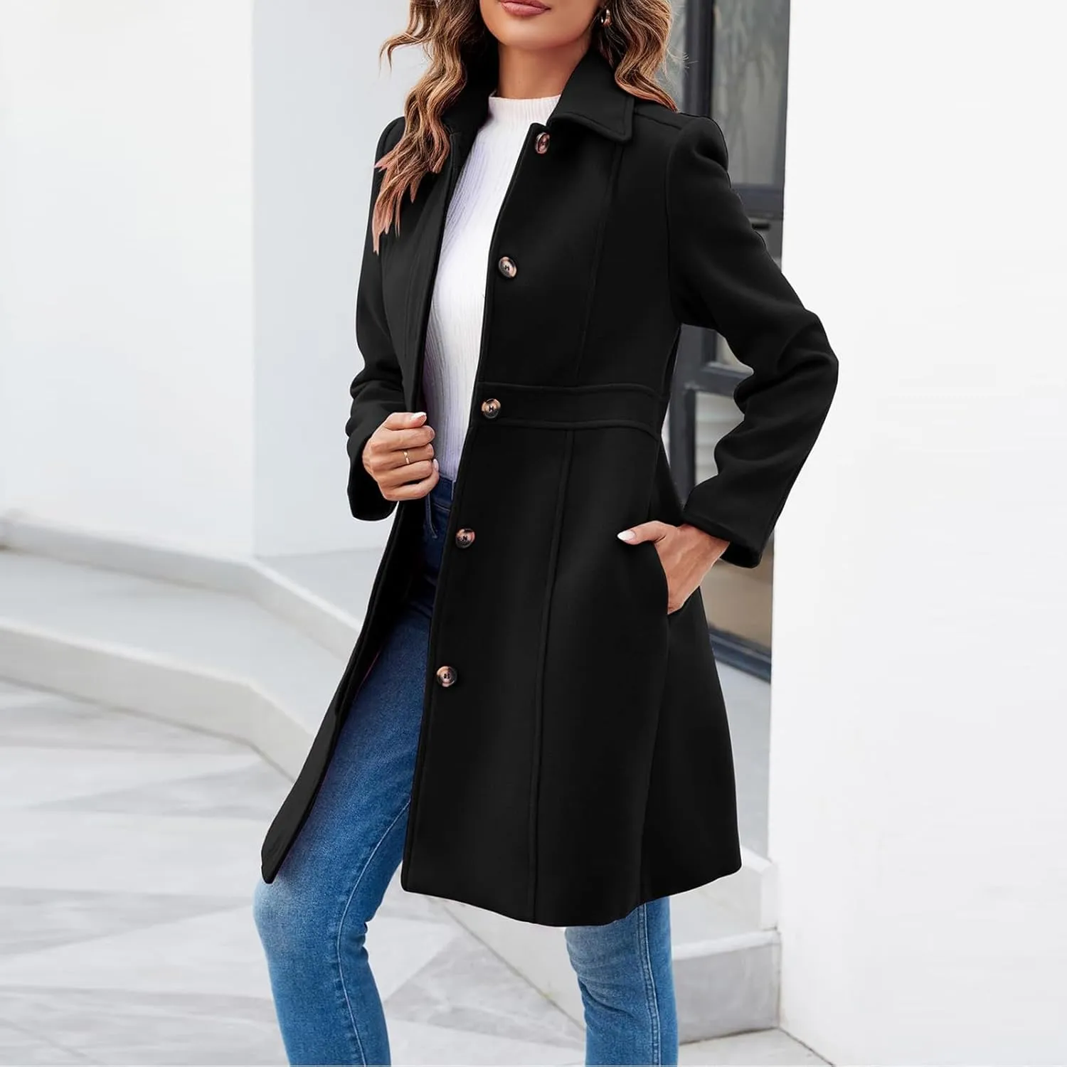 Women's Wool Peacoat Single Breasted Notched Collar Trench Coat Fall Winter Fashion Mid-Length Outerwear Long Jackets