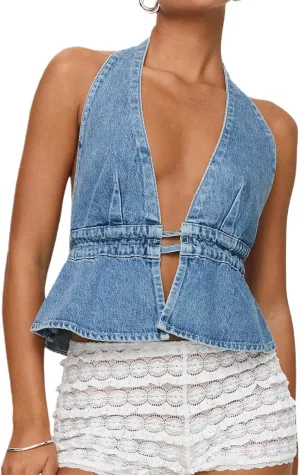 Women's Y2K Backless Tie Back Halter Top Sleeveless Sexy Denim Vest Tops Strapless Jean Corset Bustier Streetwear