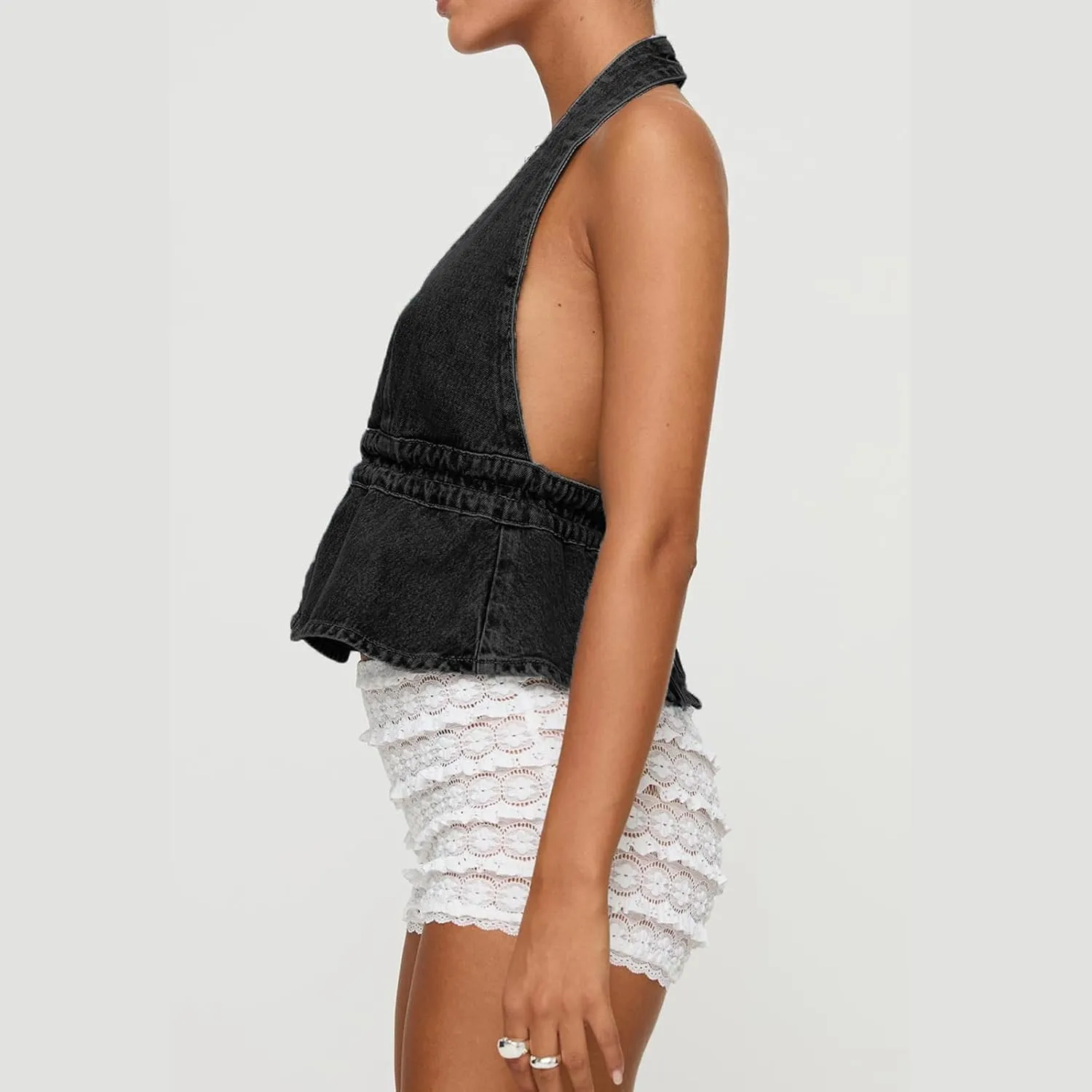 Women's Y2K Backless Tie Back Halter Top Sleeveless Sexy Denim Vest Tops Strapless Jean Corset Bustier Streetwear